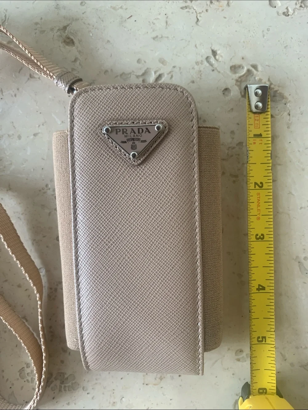 Prada Taupe Saffiano Phone Pouch with Strap Authentic